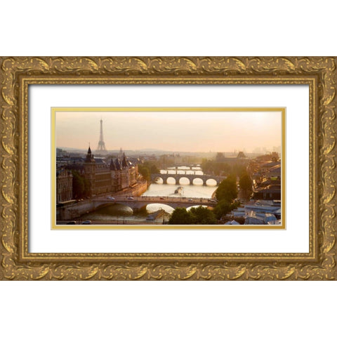 Bridges over the Seine river, Paris Gold Ornate Wood Framed Art Print with Double Matting by Setboun, Michel