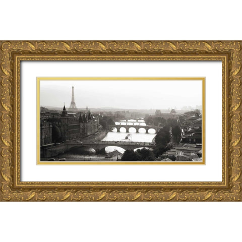 Bridges over the Seine river, Paris Gold Ornate Wood Framed Art Print with Double Matting by Setboun, Michel