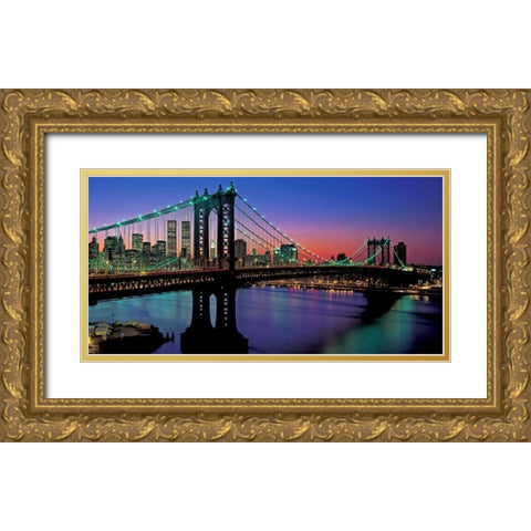 Manhattan Bridge and Skyline Gold Ornate Wood Framed Art Print with Double Matting by Berenholtz, Richard