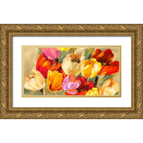 Field of Colorful Tulips Gold Ornate Wood Framed Art Print with Double Matting by Stone, Jim