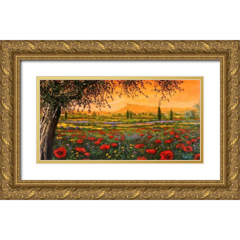 Pianura in fiore Gold Ornate Wood Framed Art Print with Double Matting by Marzari, Tebo