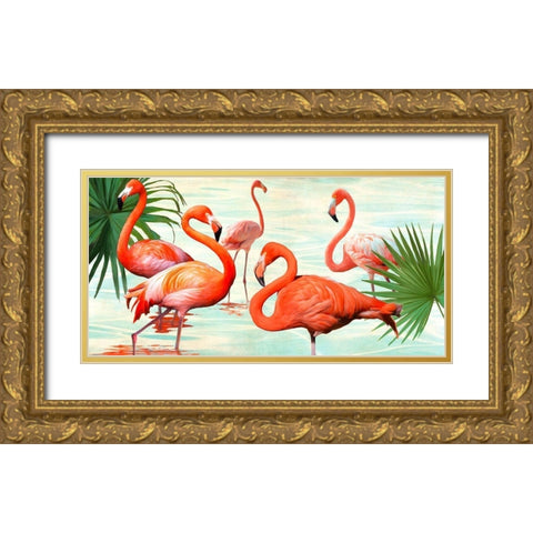 Flamingos Gold Ornate Wood Framed Art Print with Double Matting by Rizzardi, Teo
