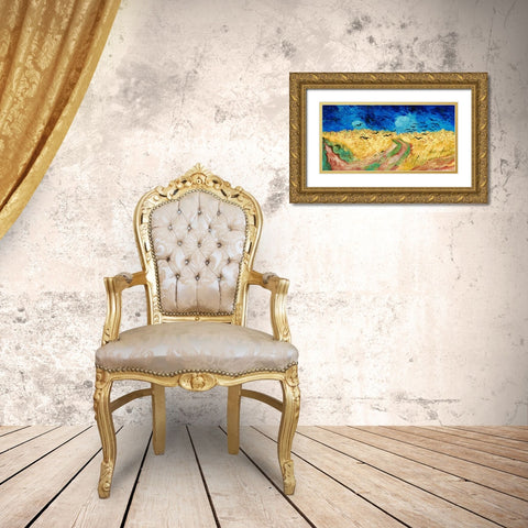 Wheat Field with Crows Gold Ornate Wood Framed Art Print with Double Matting by Van Gogh, Vincent