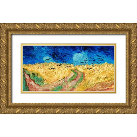 Wheat Field with Crows Gold Ornate Wood Framed Art Print with Double Matting by Van Gogh, Vincent