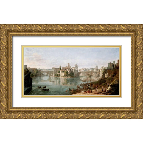 The Tiber in Rome Gold Ornate Wood Framed Art Print with Double Matting by van Wittel, Gaspar