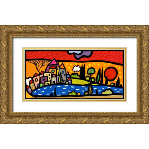 Tramonto sul lago Gold Ornate Wood Framed Art Print with Double Matting by Wallas