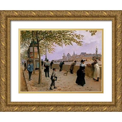 On the Banks of the River Seine Gold Ornate Wood Framed Art Print with Double Matting by Beraud, Jean