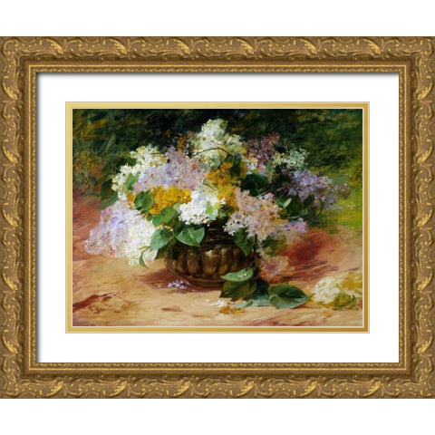 A Still Life of Lilacs Gold Ornate Wood Framed Art Print with Double Matting by Jeannin, Georges