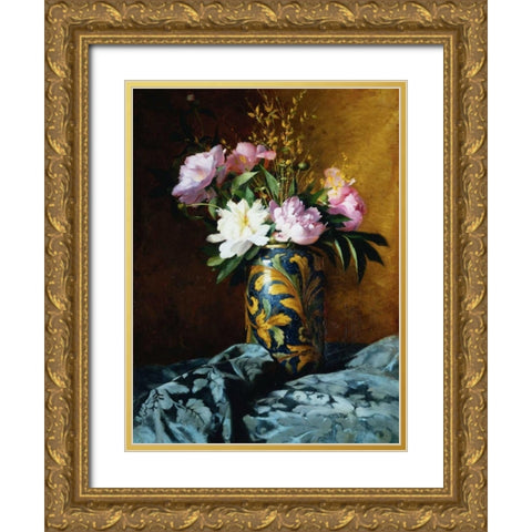 Peonies in a Vase (detail) Gold Ornate Wood Framed Art Print with Double Matting by Grossi, Carlo
