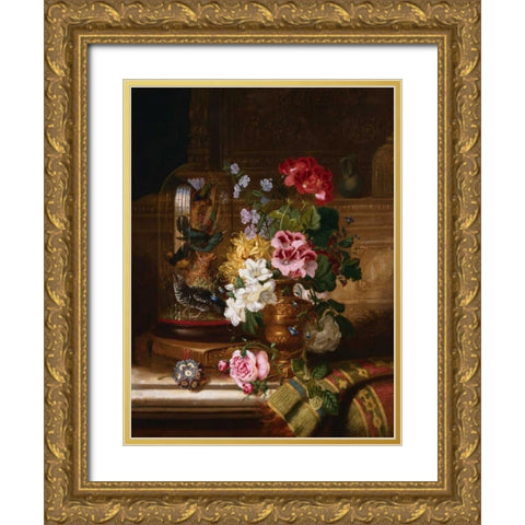 A Vase of Assorted Flowers Gold Ornate Wood Framed Art Print with Double Matting by Wainwright, William John