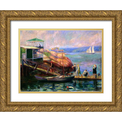 Swimming in the Bay Gold Ornate Wood Framed Art Print with Double Matting by Glackens, William James