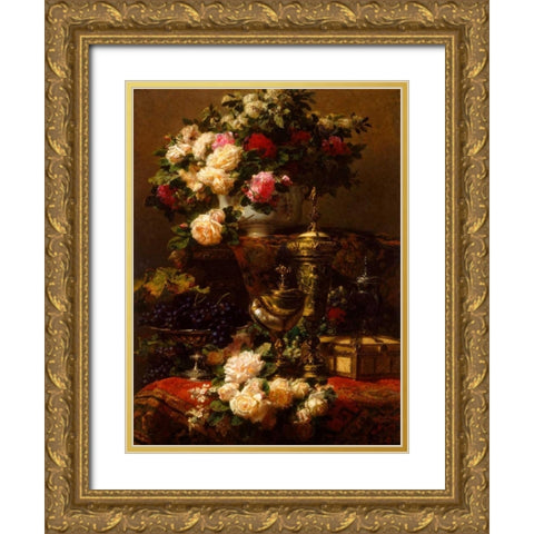 Flowers and fruit Gold Ornate Wood Framed Art Print with Double Matting by Robie, Jean-Baptiste