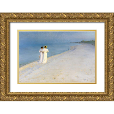 Summer evening on Skagens Beach Gold Ornate Wood Framed Art Print with Double Matting by KrÃ¸yer, Peder Severin