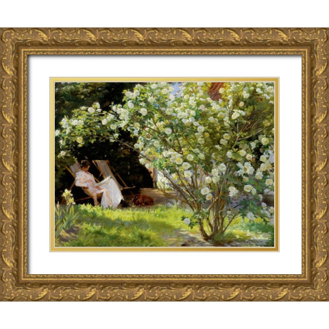 Seated in the garden of roses Gold Ornate Wood Framed Art Print with Double Matting by KrÃ¸yer, Peder Severin