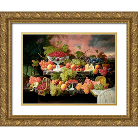 Two-Tiered Still Life with Fruit and Sunset Landscape Gold Ornate Wood Framed Art Print with Double Matting by Roesen, Severin