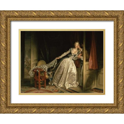 The Stolen Kiss Gold Ornate Wood Framed Art Print with Double Matting by Fragonard, Jean-Honore