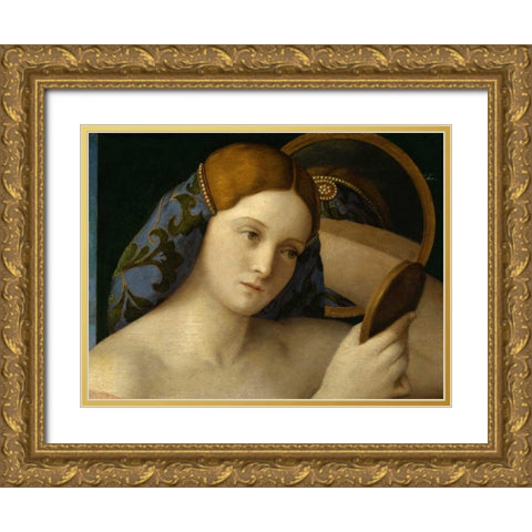 Giovane donna allo specchio Gold Ornate Wood Framed Art Print with Double Matting by Bellini, Giovanni