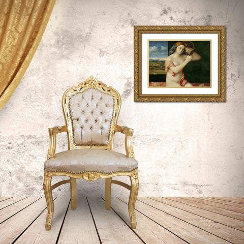 Giovane donna allo specchio Gold Ornate Wood Framed Art Print with Double Matting by Bellini, Giovanni