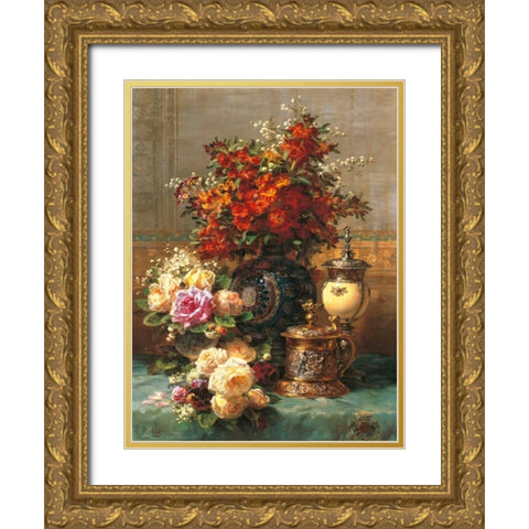 Composition with Peonies Gold Ornate Wood Framed Art Print with Double Matting by Robie, Jean-Baptiste