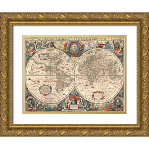 Nova totius Terrarum Orbis geographica ac hydrographica tabula Gold Ornate Wood Framed Art Print with Double Matting by Hondius, Hendrik