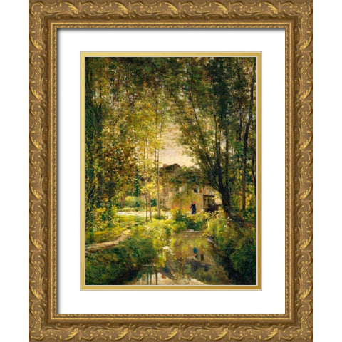 Landscape with a Sunlit Stream  Gold Ornate Wood Framed Art Print with Double Matting by Daubigny, Charles-Francois