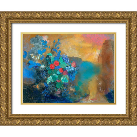 Ophelia among the flowers Gold Ornate Wood Framed Art Print with Double Matting by Redon, Odilon