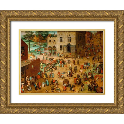 Childrenâ€™s Games Gold Ornate Wood Framed Art Print with Double Matting by Bruegel the Elder, Pieter