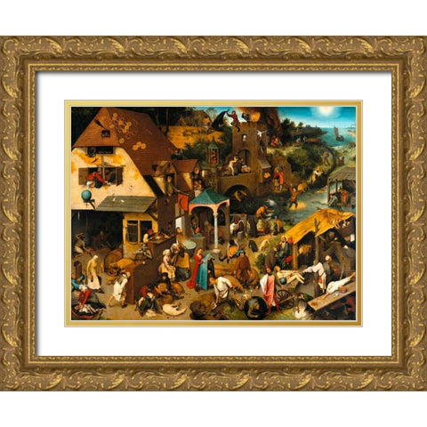 The Dutch Proverbs Gold Ornate Wood Framed Art Print with Double Matting by Bruegel the Elder, Pieter