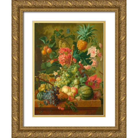 Fruit and Flowers Gold Ornate Wood Framed Art Print with Double Matting by van Brussel, Paulus Theodorus