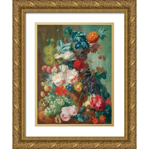 Fruit and Flowers in a terracotta Vase Gold Ornate Wood Framed Art Print with Double Matting by Van Os, Jan