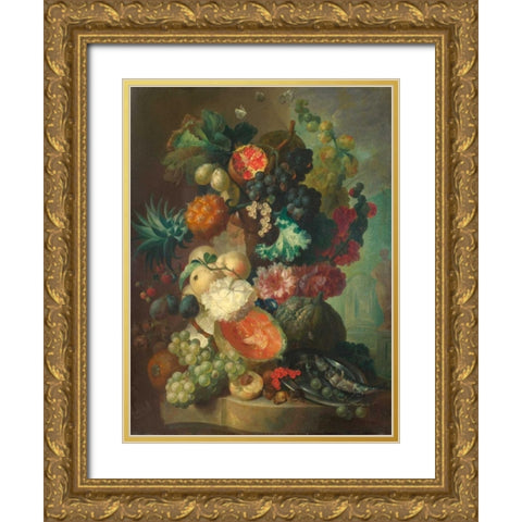 Fruit, flowers and a fish Gold Ornate Wood Framed Art Print with Double Matting by Van Os, Jan