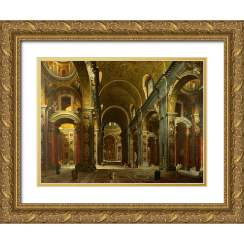 The interior of St Peters, Rome Gold Ornate Wood Framed Art Print with Double Matting by Paolo Panini, Giovanni