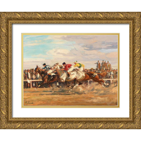 Horse race Gold Ornate Wood Framed Art Print with Double Matting by Jank, Angelo