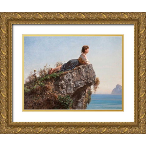 La fanciulla sulla roccia a Sorrento Gold Ornate Wood Framed Art Print with Double Matting by Palizzi, Filippo