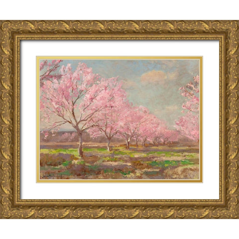 Peach orchard on Mavericks farm Gold Ornate Wood Framed Art Print with Double Matting by Onderdonk, Julian
