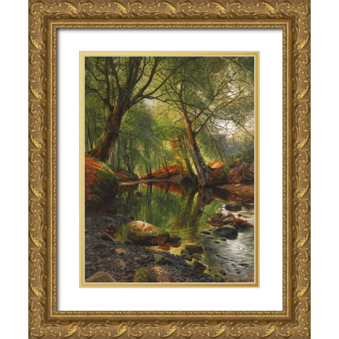 A woodland stream Gold Ornate Wood Framed Art Print with Double Matting by MÃ¸nsted, Peder MÃ¸rk