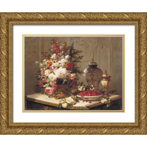 Floral composition on a table (detail) Gold Ornate Wood Framed Art Print with Double Matting by Robie, Jean-Baptiste