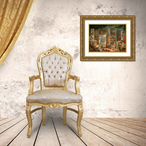 Galleria con vedute di Roma antica Gold Ornate Wood Framed Art Print with Double Matting by Panini, Giovanni Paolo