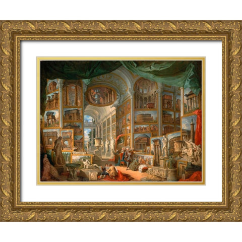 Galleria con vedute di Roma antica Gold Ornate Wood Framed Art Print with Double Matting by Panini, Giovanni Paolo