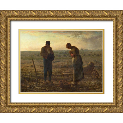 The Angelus Gold Ornate Wood Framed Art Print with Double Matting by Millet, Jean-Francois