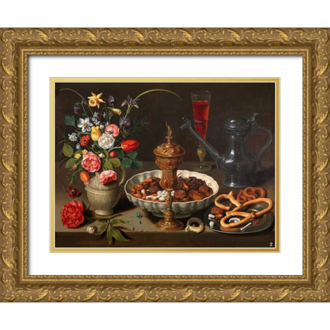 Still Life of Flowers and Dried Fruit Gold Ornate Wood Framed Art Print with Double Matting by Peeters, Clara