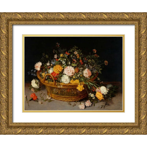 A Basket of Flowers Gold Ornate Wood Framed Art Print with Double Matting by Bruegel the Younger, Jan
