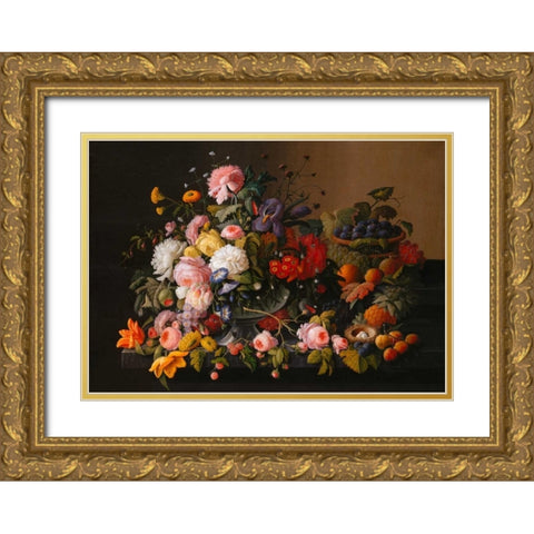Flowers and Fruits Gold Ornate Wood Framed Art Print with Double Matting by Roesen, Severin