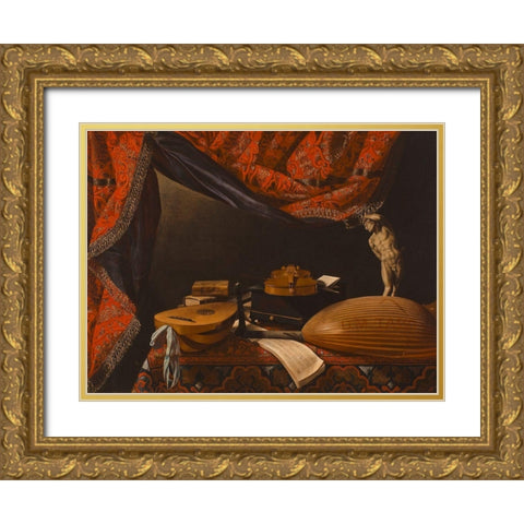 Still Life with Musical Instruments, Books and Sculpture Gold Ornate Wood Framed Art Print with Double Matting by Evaristo, Baschenis