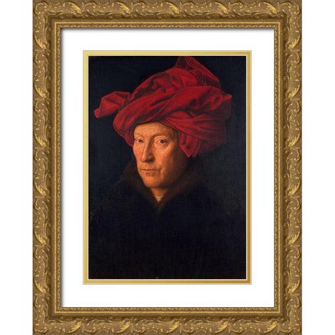 Portrait of a Man in a Turban Gold Ornate Wood Framed Art Print with Double Matting by Jan, Van Eyck