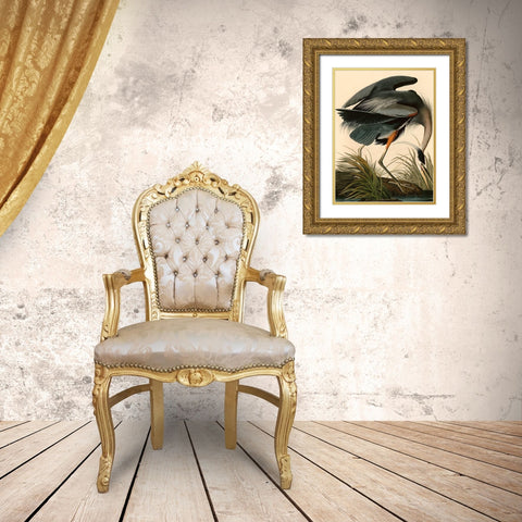 Great Blue Heron Gold Ornate Wood Framed Art Print with Double Matting by John James, Audubon