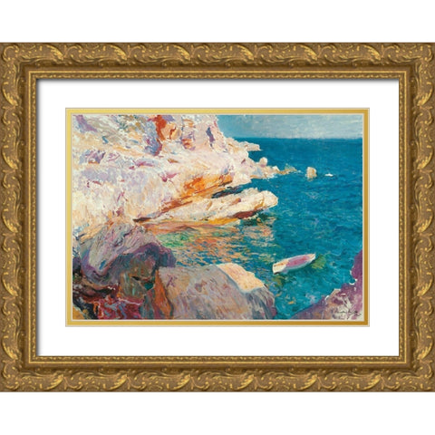 Rock at Javea and the White Boat  Gold Ornate Wood Framed Art Print with Double Matting by Bastida, Joaquin Sorolla y