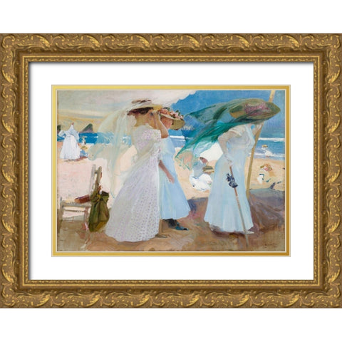 Under the Awning- Zarauz Gold Ornate Wood Framed Art Print with Double Matting by Bastida, Joaquin Sorolla y