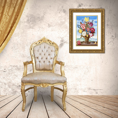 Bouquet of Flowers on a Ledge Gold Ornate Wood Framed Art Print with Double Matting by Bosschaert, Ambrosius the Elder