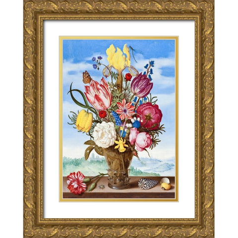 Bouquet of Flowers on a Ledge Gold Ornate Wood Framed Art Print with Double Matting by Bosschaert, Ambrosius the Elder